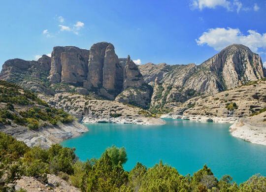 panoramic view to Mallos de Lazas, Sierra y Canones de Guara (Sierra & Canyons of Guara), Embalse de Vadiello (Vadiello Dam), Vadiello, Aragon, Spain